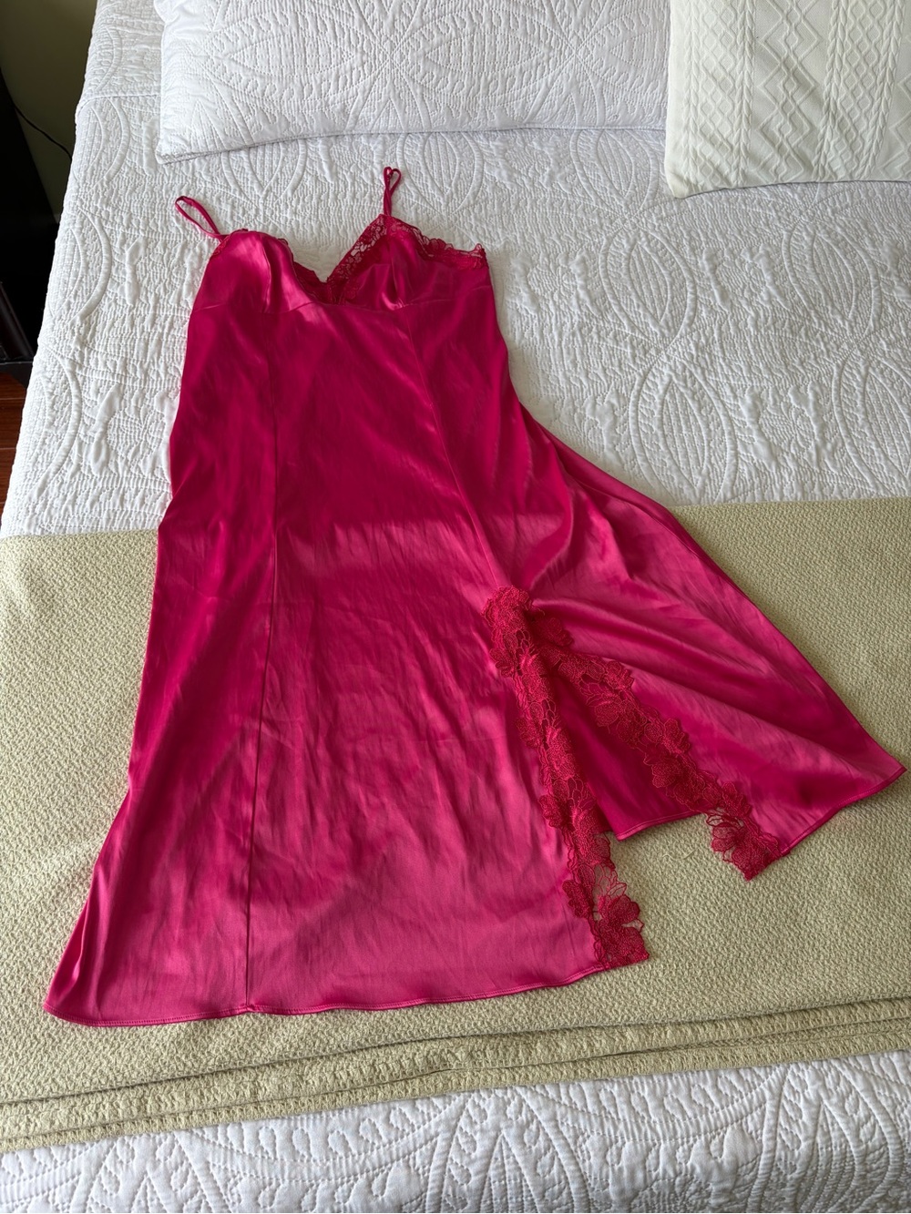 Victoria's Secret Hot Pink Satin Lace-Trim Slip Dress
